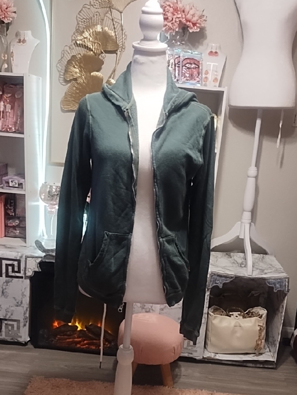 Women’s Dark Green Zip-Up Teddy Hoodie Jacket